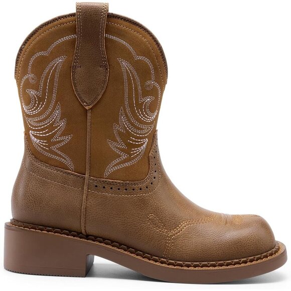 🆕Women Tan Cowboy Cowgirl Boots for Women Round Toe Embroidered Mid Calf - Picture 2 of 7